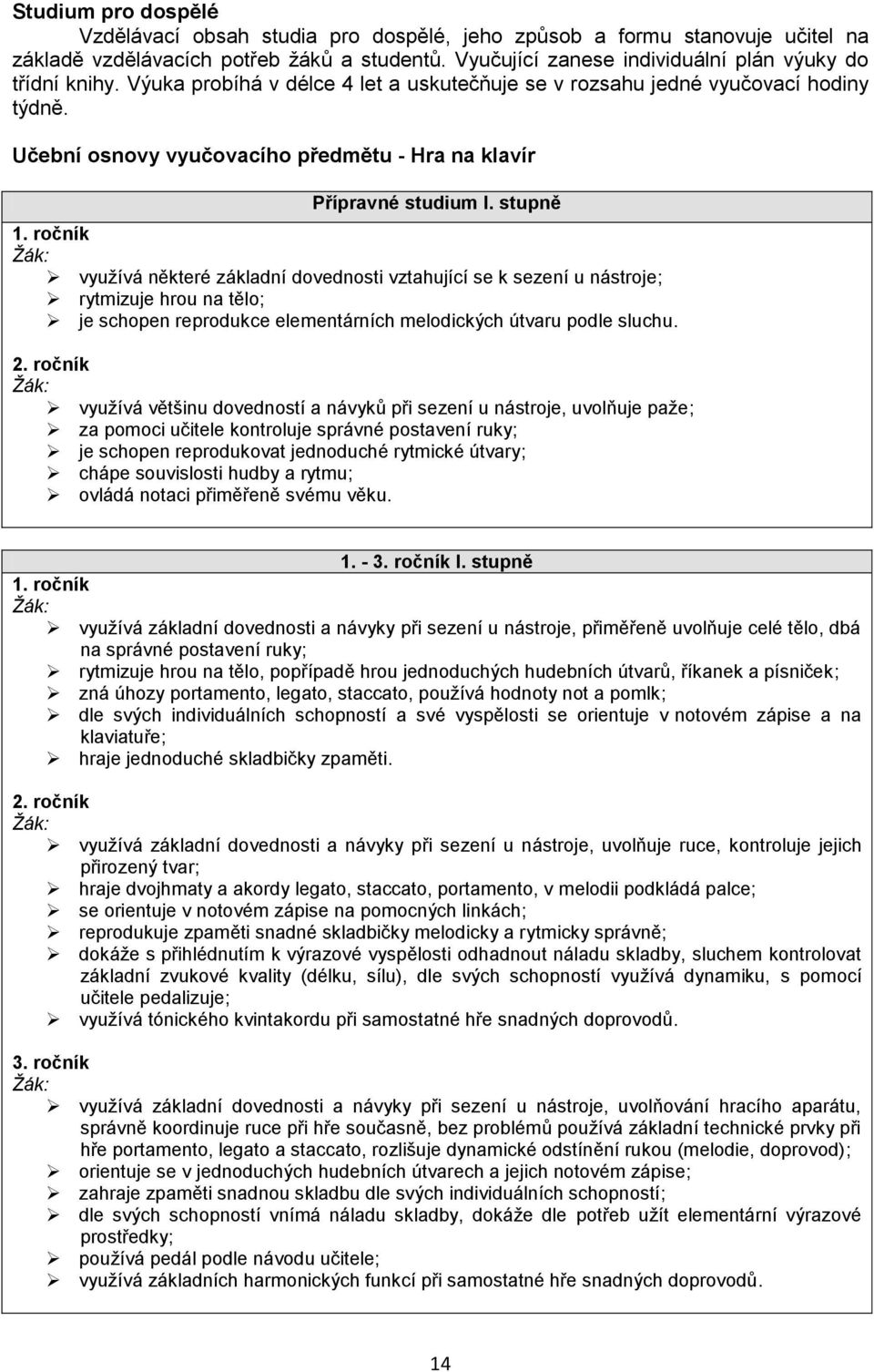ročník využívá některé základní dovednosti vztahující se k sezení u nástroje; rytmizuje hrou na tělo; je schopen reprodukce elementárních melodických útvaru podle sluchu. 2.