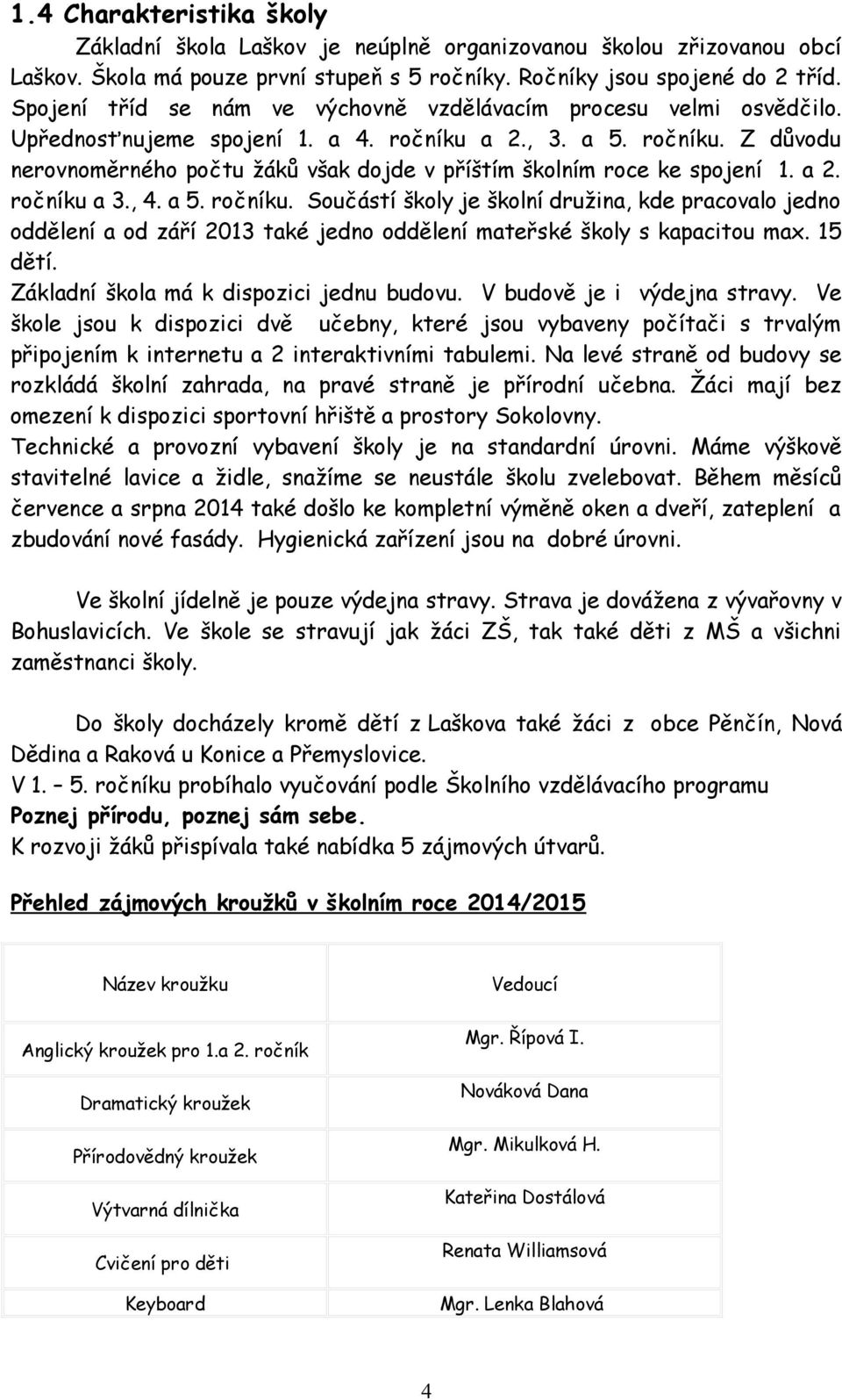 a 2. ročníku a 3., 4. a 5. ročníku. Součástí školy je školní družina, kde pracovalo jedno oddělení a od září 2013 také jedno oddělení mateřské školy s kapacitou max. 15 dětí.