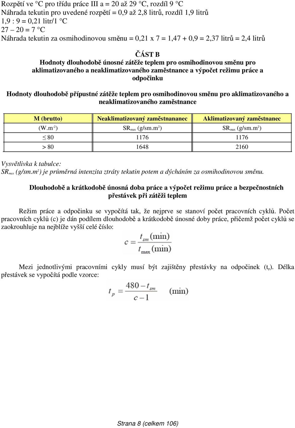 výpočet režimu práce a odpočinku Hodnoty dlouhodobě přípustné zátěže teplem pro osmihodinovou směnu pro aklimatizovaného a neaklimatizovaného zaměstnance M (brutto) Neaklimatizovaný zaměstnananec