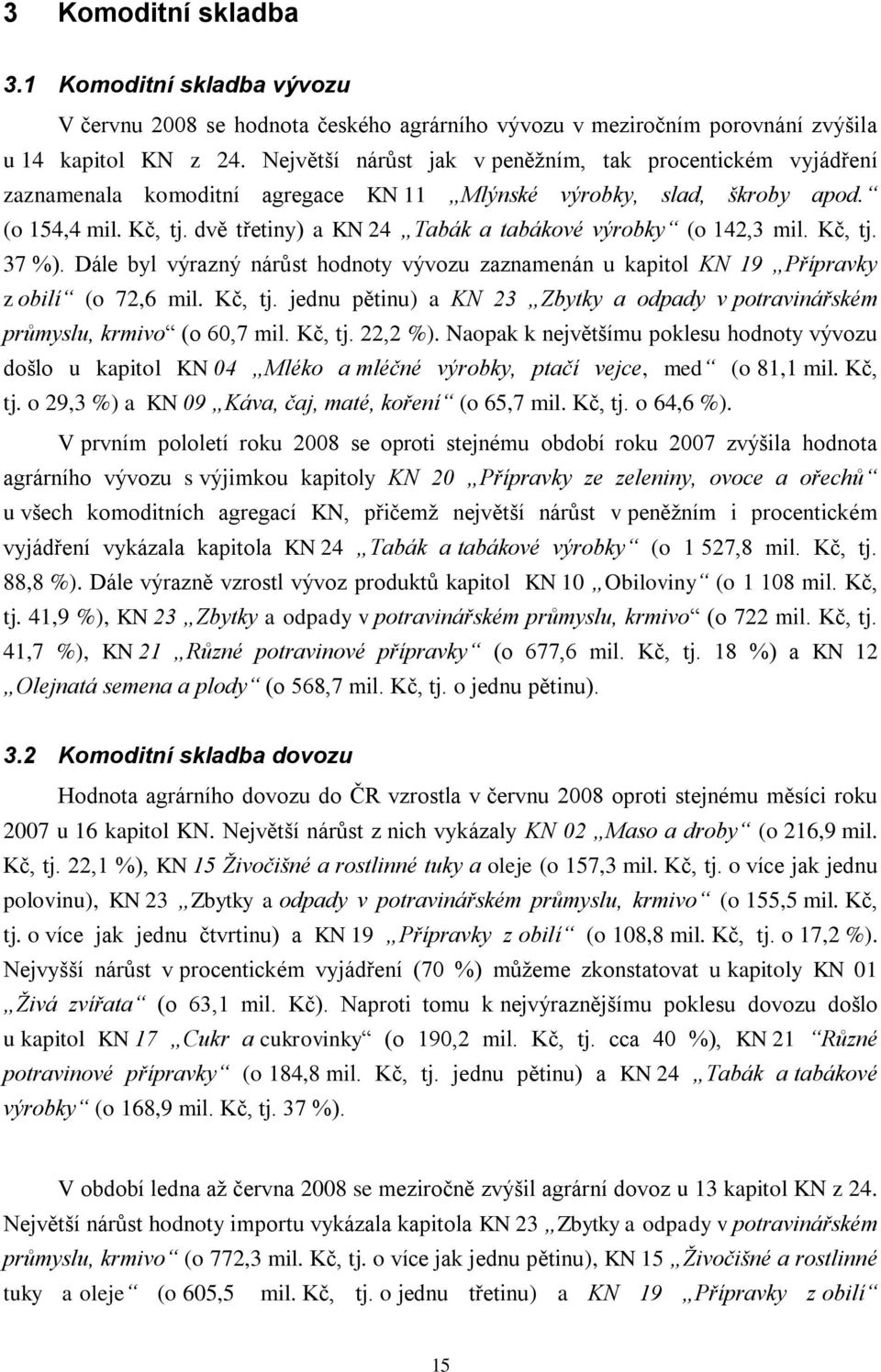 dvě třetiny) a KN 24 Tabák a tabákové výrobky (o 142,3 mil. Kč, tj. 37 %). Dále byl výrazný nárůst hodnoty vývozu zaznamenán u kapitol KN 19 Přípravky z obilí (o 72,6 mil. Kč, tj. jednu pětinu) a KN 23 Zbytky a odpady v potravinářském průmyslu, krmivo (o 60,7 mil.