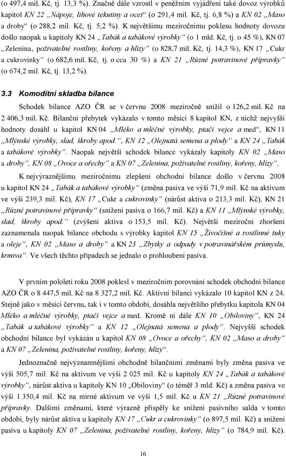 o 45 %), KN 07 Zelenina, poživatelné rostliny, kořeny a hlízy (o 828,7 mil. Kč, tj. 14,3 %), KN 17 Cukr a cukrovinky (o 682,6 mil. Kč, tj. o cca 30 %) a KN 21 Různé potravinové přípravky (o 674,2 mil.