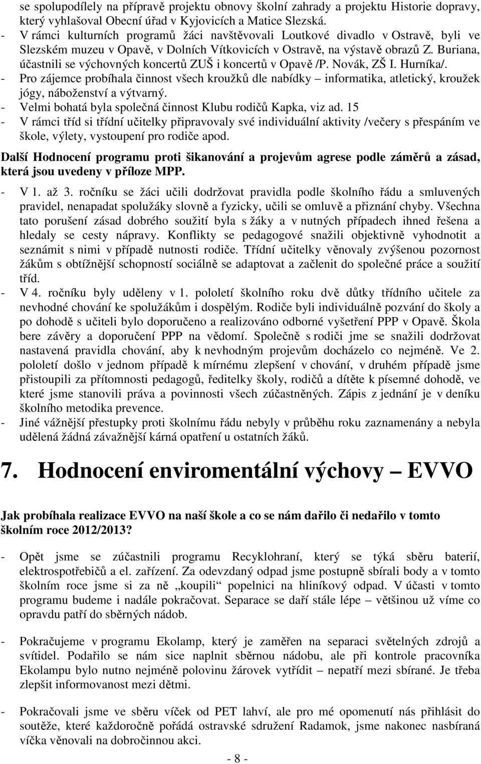 Buriana, účastnili se výchovných koncertů ZUŠ i koncertů v Opavě /P. Novák, ZŠ I. Hurníka/.