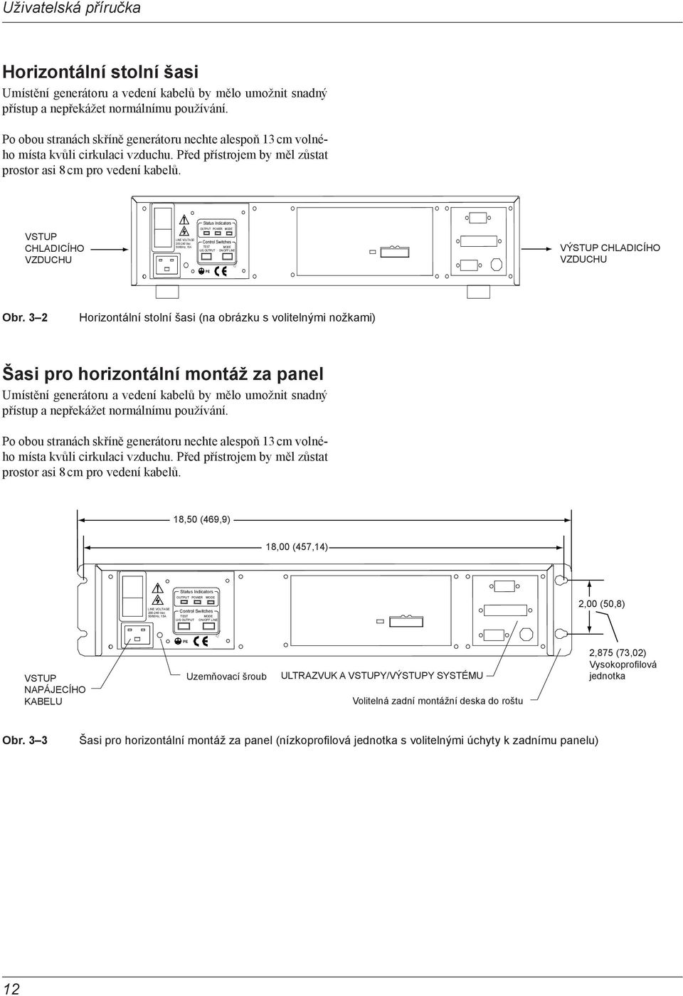 Status Indicators VSTUP CHLADICÍHO VZDUCHU OUTPUT POWER MODE LINE VOLTAGE: 200-240 Vac Control Switches 50/60Hz, 15A TEST MODE U/S OUTPUT ON/OFF LINE PE VÝSTUP CHLADICÍHO VZDUCHU Obr.