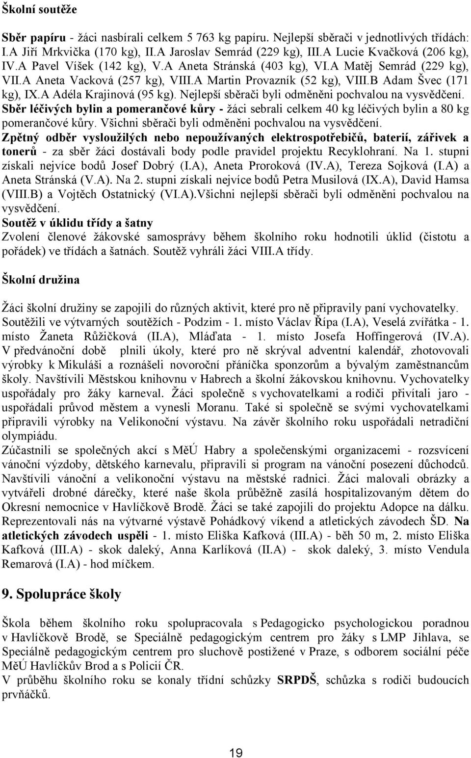 B Adam Švec (171 kg), IX.A Adéla Krajinová (95 kg). Nejlepší sběrači byli odměněni pochvalou na vysvědčení.