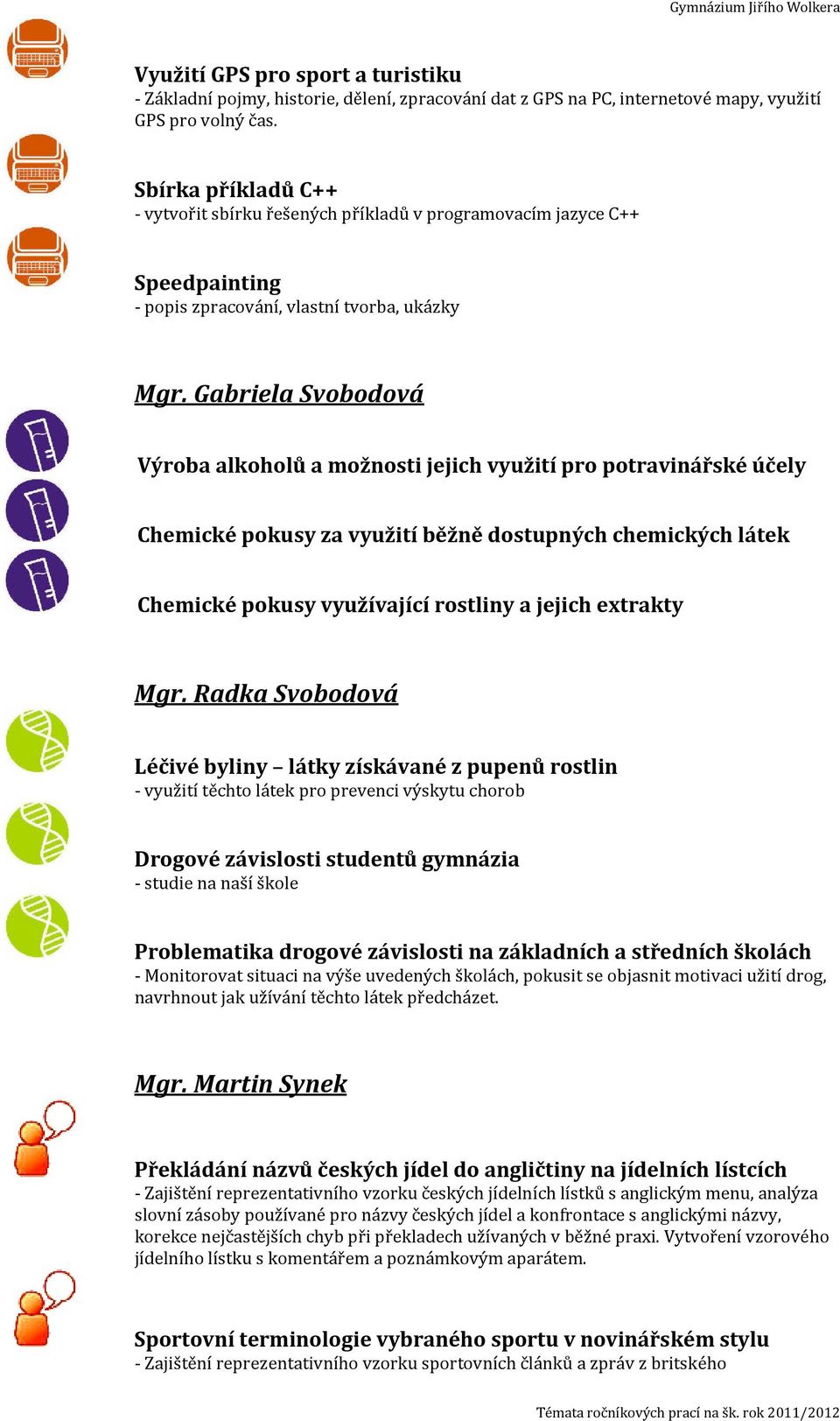 Gabriela Svobodová Výroba alkoholů a možnosti jejich využití pro potravinářské účely Chemické pokusy za využití běžně dostupných chemických látek Chemické pokusy využívající rostliny a jejich