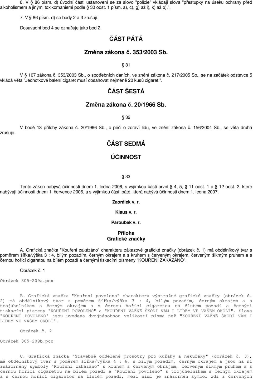 217/2005 Sb., se na začátek odstavce 5 vkládá věta "Jednotkové balení cigaret musí obsahovat nejméně 20 kusů cigaret.". ČÁST ŠESTÁ Změna zákona č. 20/1966 Sb. 32 zrušuje. V bodě 13 přílohy zákona č.