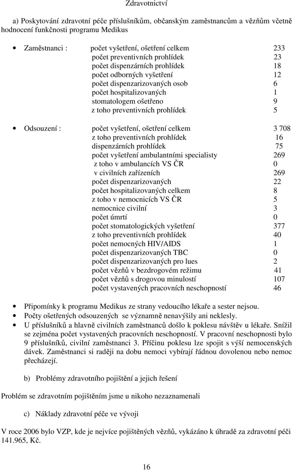 prohlídek 5 Odsouzení : počet vyšetření, ošetření celkem 3 708 z toho preventivních prohlídek 16 dispenzárních prohlídek 75 počet vyšetření ambulantními specialisty 269 z toho v ambulancích VS ČR 0 v