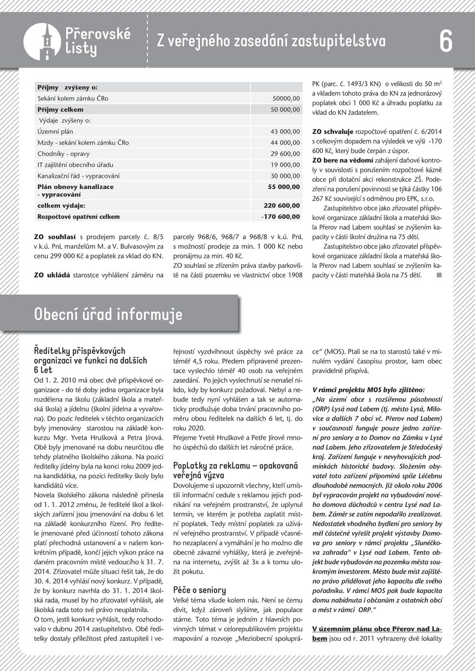 celkem -170 600,00 ZO souhlasí s prodejem parcely č. 8/5 v k.ú. PnL manželům M. a V. Bulvasovým za cenu 299 000 Kč a poplatek za vklad do KN.