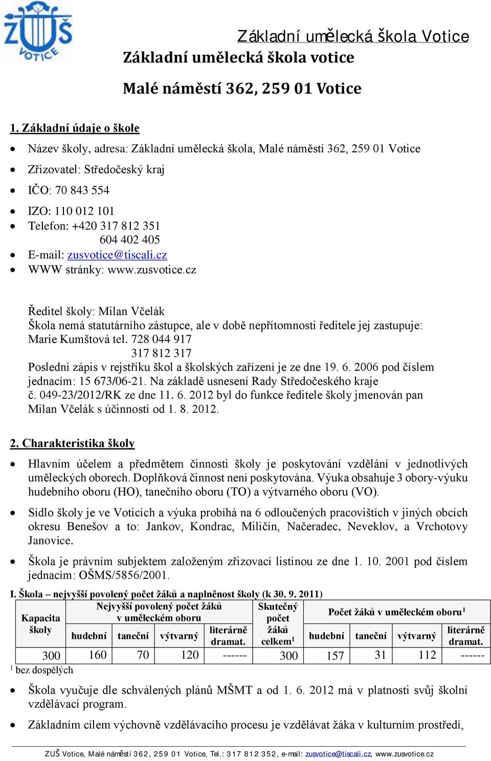 405 E-mail: zusvotice@tiscali.cz WWW stránky: www.zusvotice.cz Ředitel školy: Milan Včelák Škola nemá statutárního zástupce, ale v době nepřítomnosti ředitele jej zastupuje: Marie Kumštová tel.