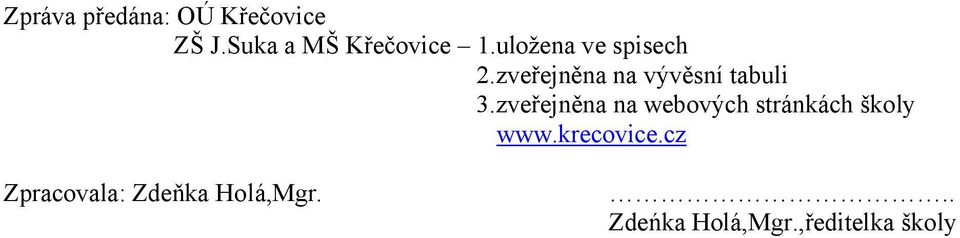 zveřejněna na webových stránkách školy www.krecovice.