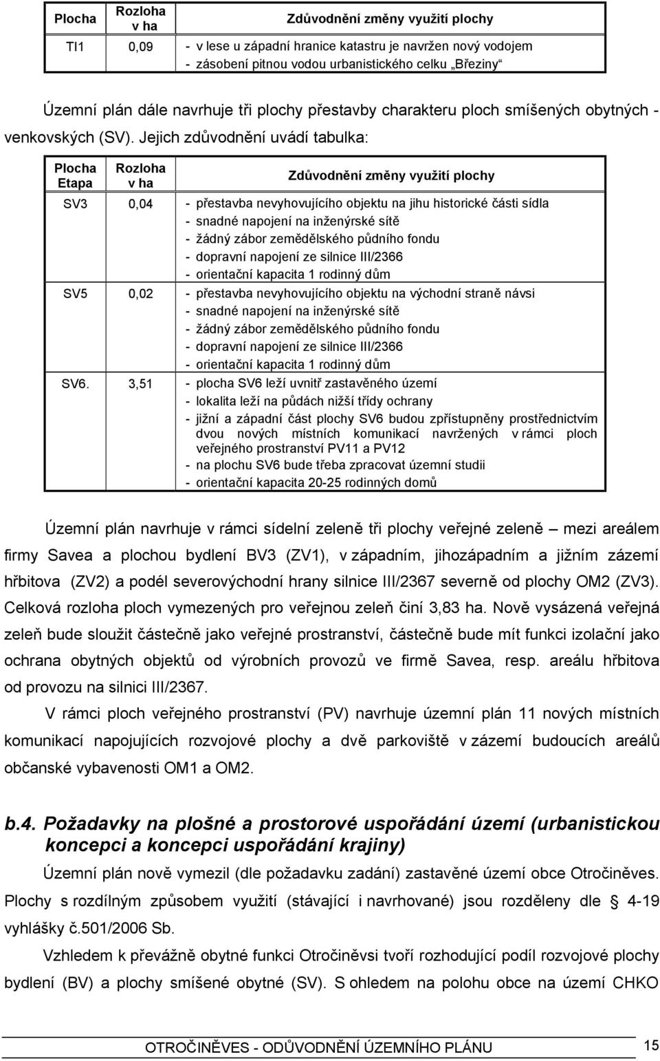 Jejich zdůvodnění uvádí tabulka: Plocha Etapa Rozloha v ha Zdůvodnění změny využití plochy SV3 0,04 - přestavba nevyhovujícího objektu na jihu historické části sídla - snadné napojení na inženýrské