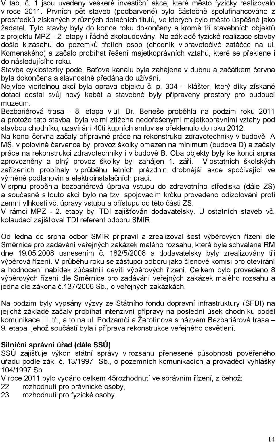 Tyto stavby byly do konce roku dokončeny a kromě tří stavebních objektů z projektu MPZ - 2. etapy i řádně zkolaudovány.