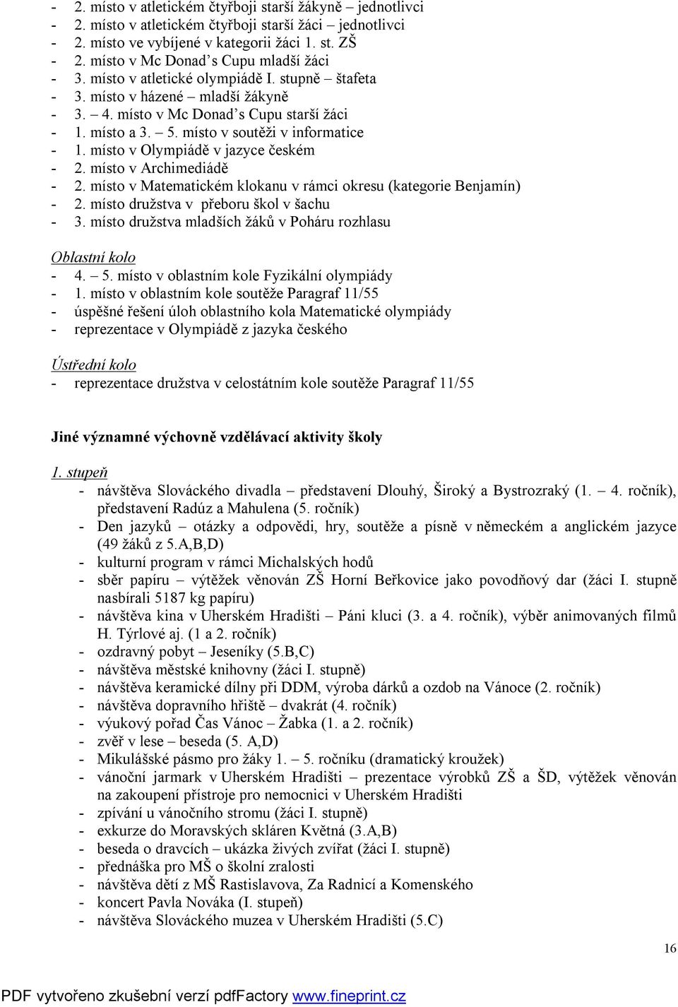 místo v soutěži v informatice - 1. místo v Olympiádě v jazyce českém - 2. místo v Archimediádě - 2. místo v Matematickém klokanu v rámci okresu (kategorie Benjamín) - 2.