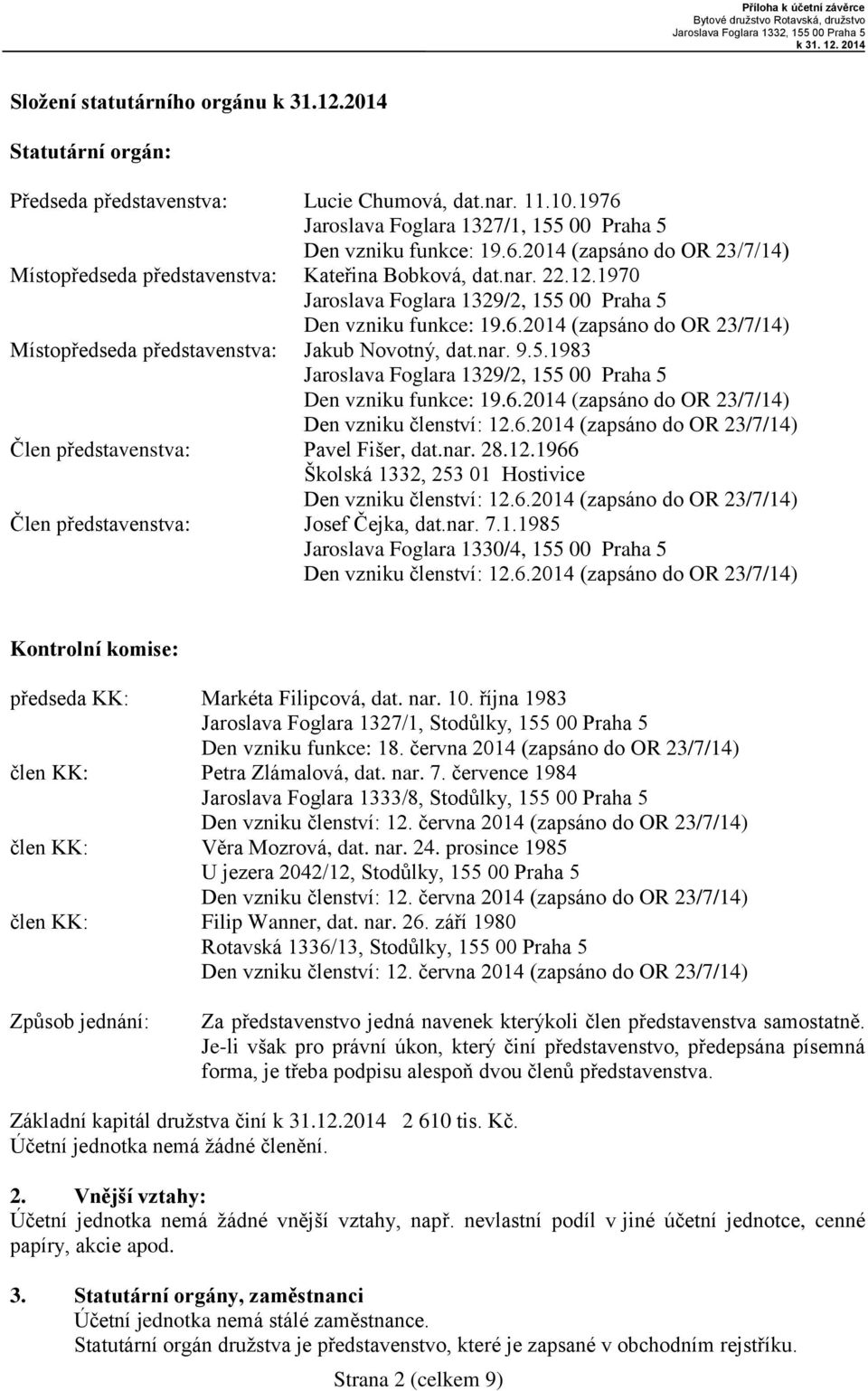 nar...970 Jaroslava Foglara 39/, 55 00 Praha 5 Den vzniku funkce: 9.6.04 (zapsáno do OR 3/7/4) Místopředseda představenstva: Jakub Novotný, dat.nar. 9.5.983 Jaroslava Foglara 39/, 55 00 Praha 5 Den vzniku funkce: 9.