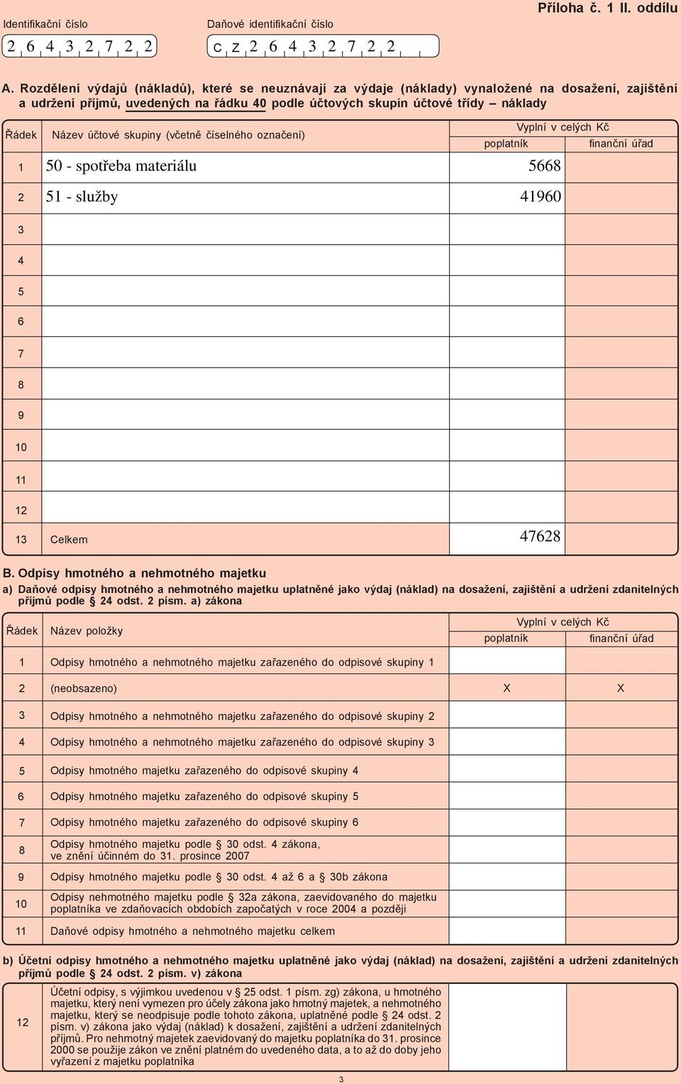 skupiny (včetně číselného označení) 50 - spotřeba materiálu 5 - služby Vyplní v celých Kč poplatník finanční úřad 5668 4960 3 4 5 6 7 8 9 0 3 Celkem 4768 B.