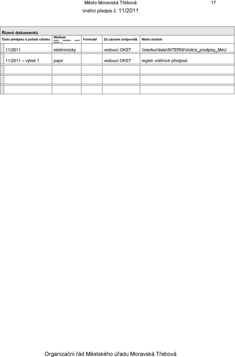 ) Formulář Za záznam zodpovídá Místo uložení 11/2011 elektronicky vedoucí
