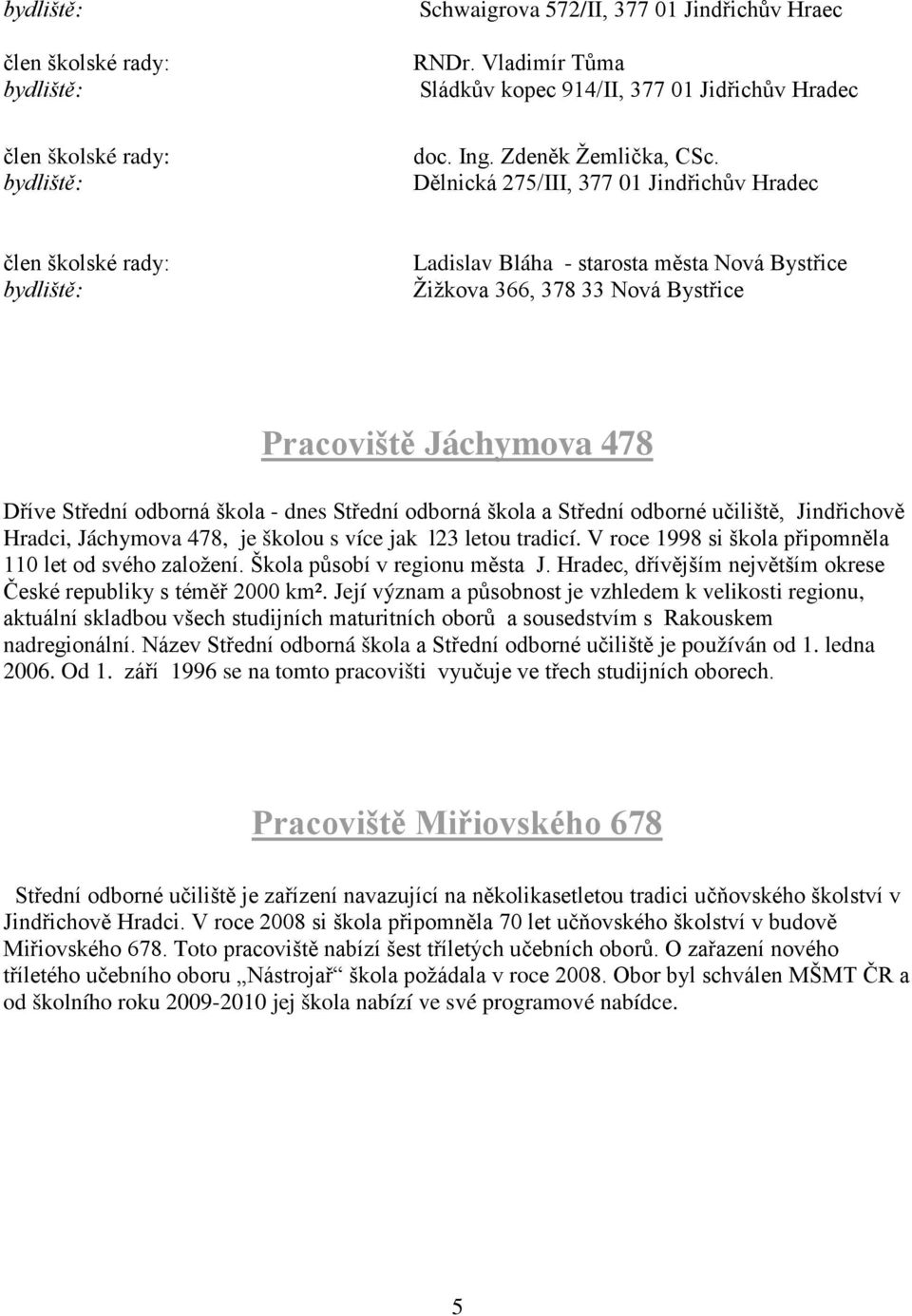 Dělnická 275/III, 377 01 Jindřichův Hradec člen školské rady: bydliště: Ladislav Bláha - starosta města Nová Bystřice Žižkova 366, 378 33 Nová Bystřice Pracoviště Jáchymova 478 Dříve Střední odborná