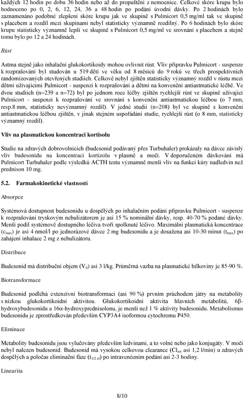 Po 6 hodinách bylo skóre krupu statisticky významně lepší ve skupině s Pulmicort 0,5 mg/ml ve srovnání s placebem a stejně tomu bylo po 12 a 24 hodinách.