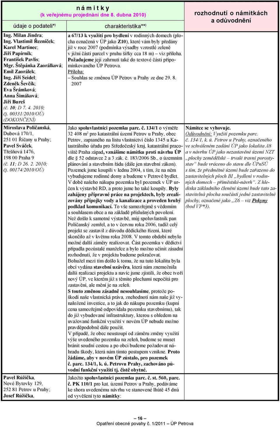 00331/2010/OÚ) (DOKONČENÍ) Miroslava Poličanská, Dubová 170/1, 251 01 Říčany u Prahy; Pavel Sváček, Třešňová 1476, 198 00 Praha 9 (č. 11; D 26. 2. 2010; čj.