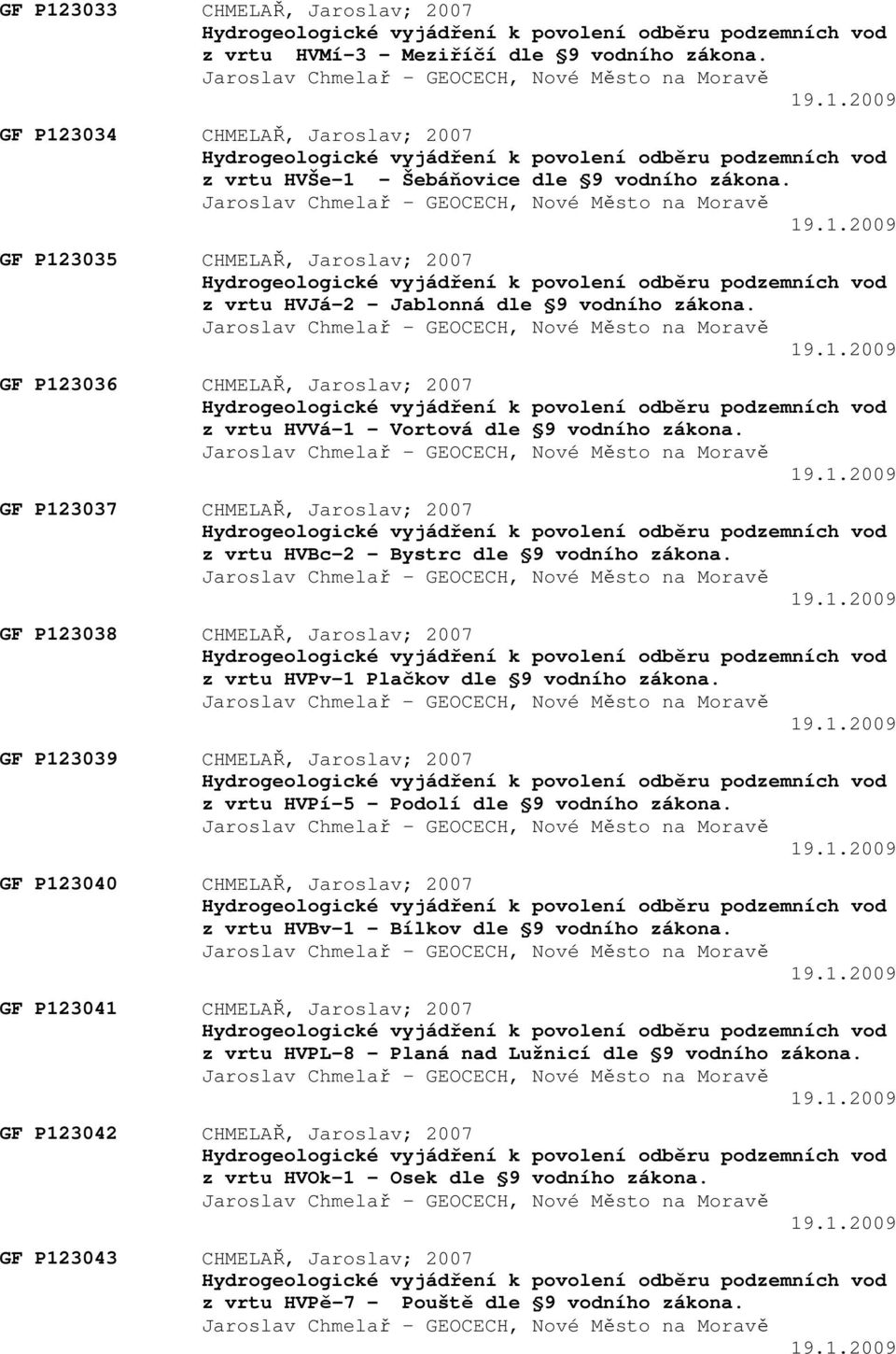 19.1.2009 GF P123037 CHMELAŘ, Jaroslav; 2007 Hydrogeologické vyjádření k povolení odběru podzemních vod z vrtu HVBc-2 - Bystrc dle 9 vodního zákona. 19.1.2009 GF P123038 CHMELAŘ, Jaroslav; 2007 Hydrogeologické vyjádření k povolení odběru podzemních vod z vrtu HVPv-1 Plačkov dle 9 vodního zákona.
