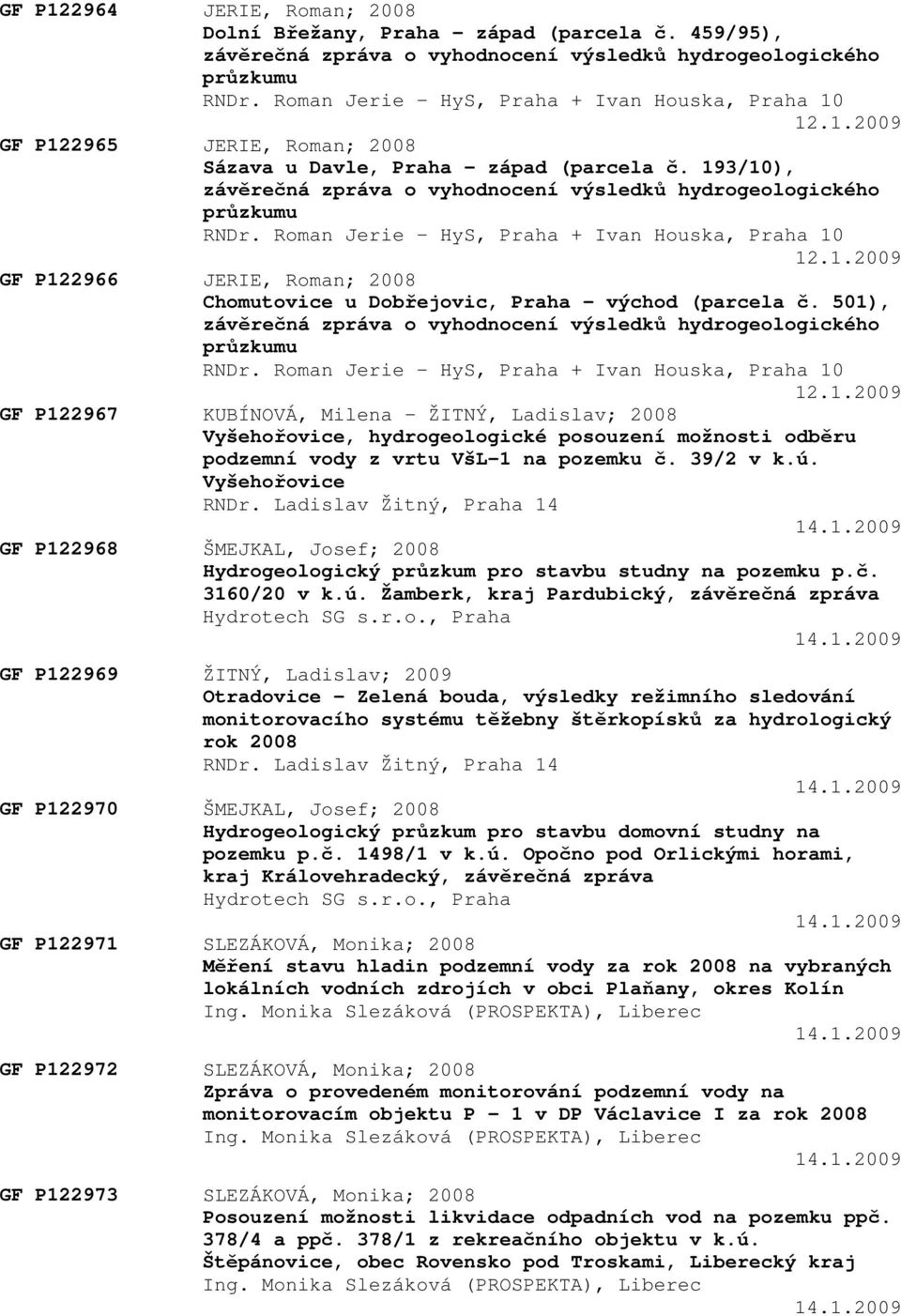 193/10), závěrečná zpráva o vyhodnocení výsledků hydrogeologického průzkumu RNDr. Roman Jerie - HyS, Praha + Ivan Houska, Praha 10 12.1.2009 GF P122966 JERIE, Roman; 2008 Chomutovice u Dobřejovic, Praha - východ (parcela č.