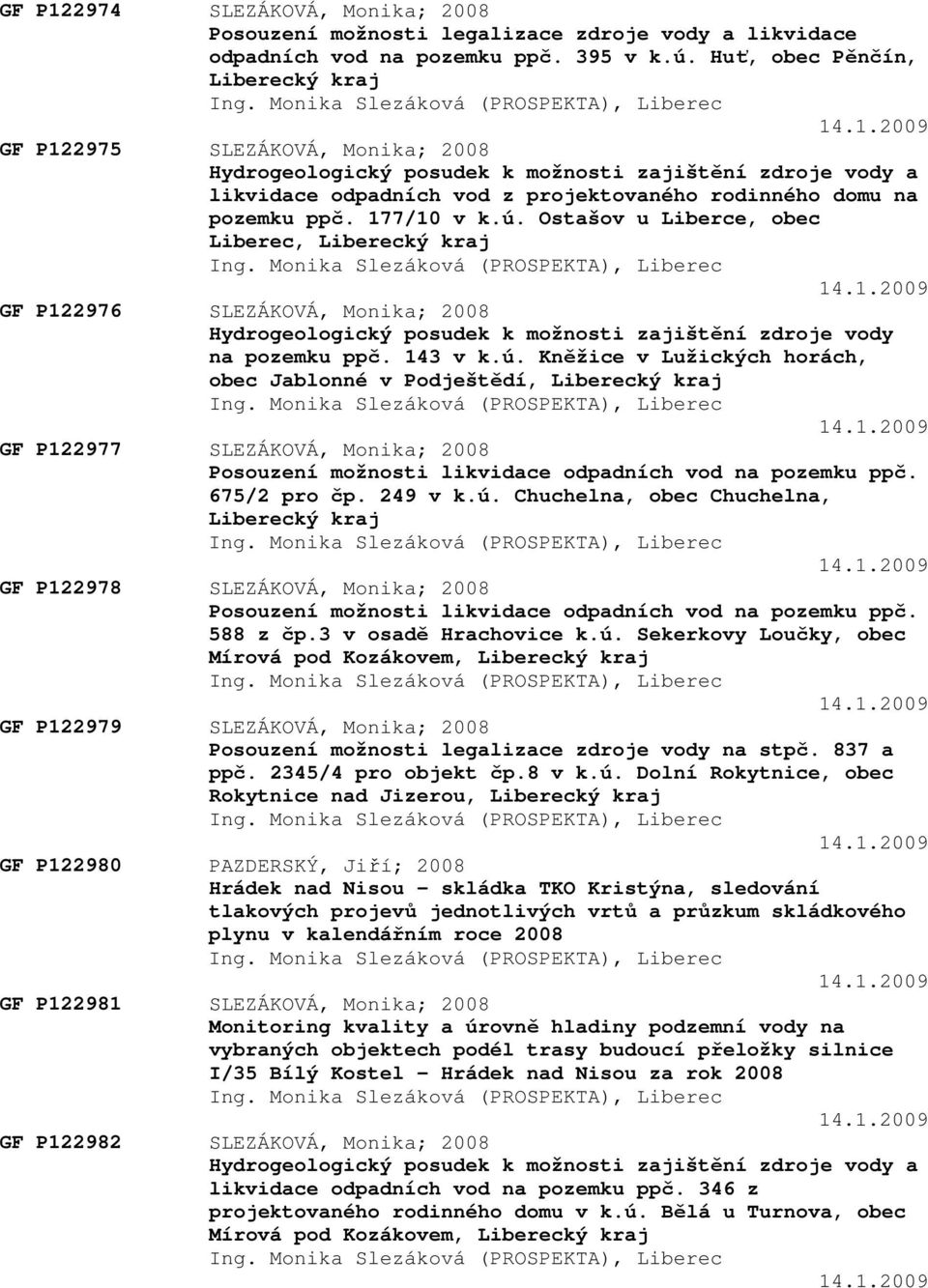 .1.2009 GF P122975 SLEZÁKOVÁ, Monika; 2008 Hydrogeologický posudek k možnosti zajištění zdroje vody a likvidace odpadních vod z projektovaného rodinného domu na pozemku ppč. 177/10 v k.ú.