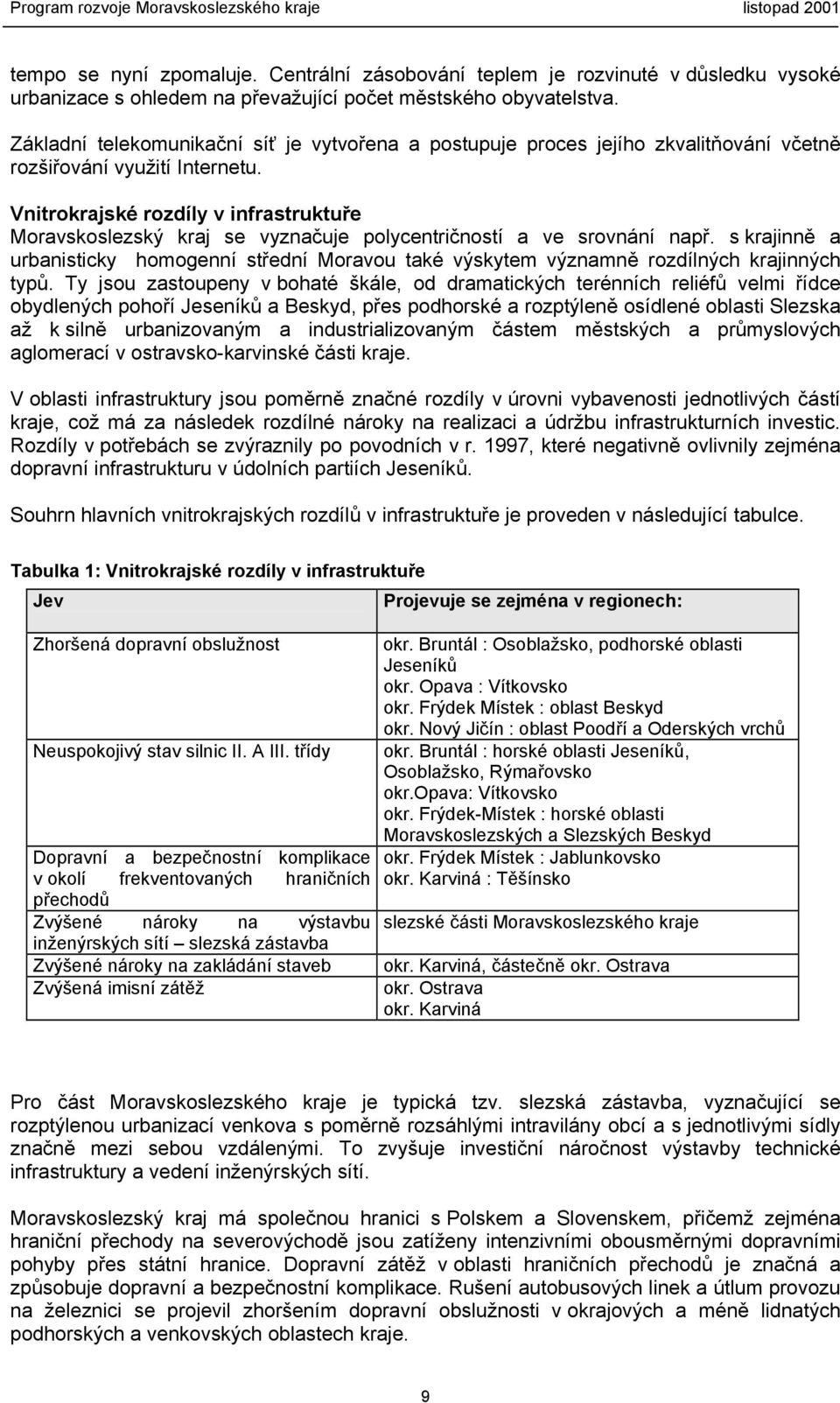 Vnitrokrajské rozdíly v infrastruktuře Moravskoslezský kraj se vyznačuje polycentričností a ve srovnání např.