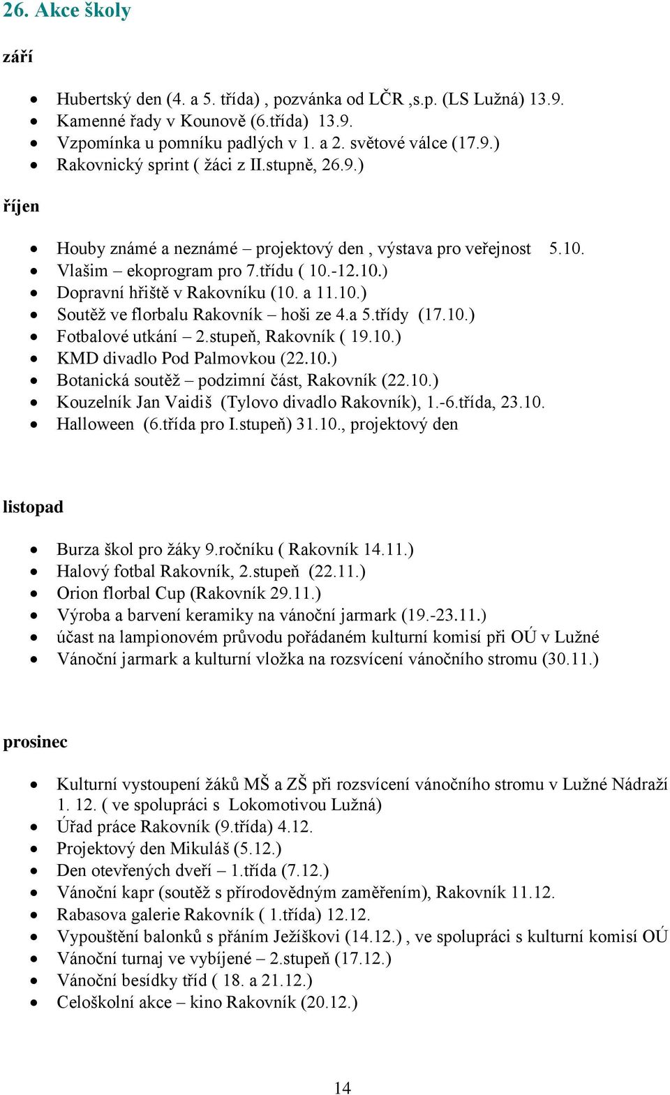 a 5.třídy (17.10.) Fotbalové utkání 2.stupeň, Rakovník ( 19.10.) KMD divadlo Pod Palmovkou (22.10.) Botanická soutěž podzimní část, Rakovník (22.10.) Kouzelník Jan Vaidiš (Tylovo divadlo Rakovník), 1.