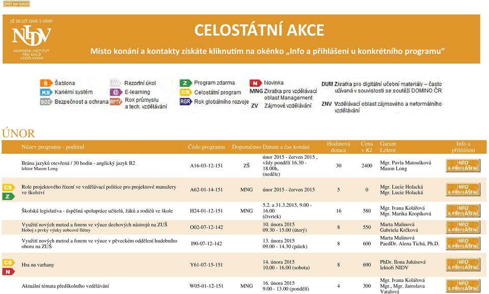 cz u konkrétního programu ÚNOR Brána jazyků otevřená / 30 hodin - anglický jazyk B2 lektor Mason Long A16-03-12-151 ZŠ únor 2015 - červen 2015, vždy pondělí 16.30-18.00h, (neděle) 30 2400 Mgr.