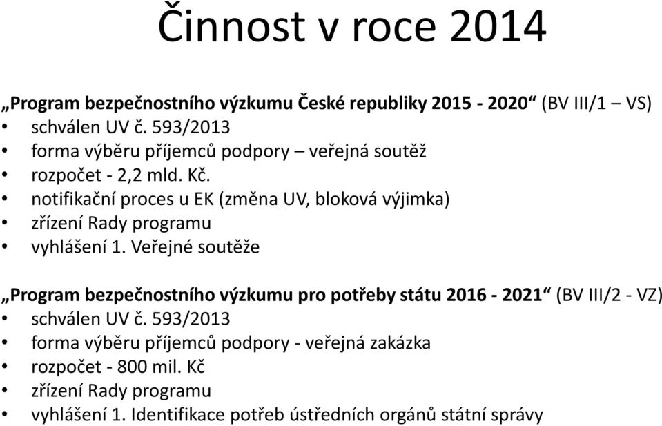 notifikační proces u EK (změna UV, bloková výjimka) zřízení Rady programu vyhlášení 1.