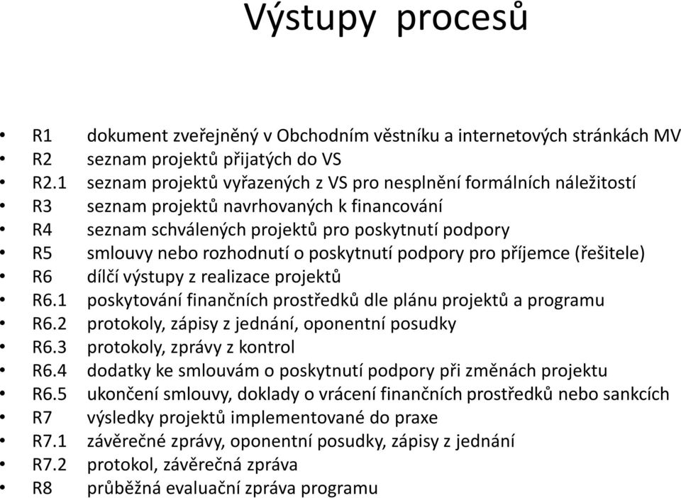 poskytnutí podpory pro příjemce (řešitele) R6 dílčí výstupy z realizace projektů R6.1 poskytování finančních prostředků dle plánu projektů a programu R6.