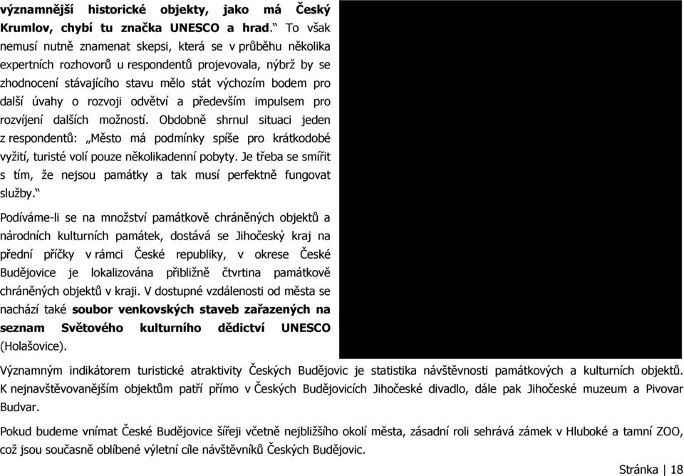 rozvoji odvětví a především impulsem pro rozvíjení dalších možností. Obdobně shrnul situaci jeden z respondentů: Město má podmínky spíše pro krátkodobé vyžití, turisté volí pouze několikadenní pobyty.