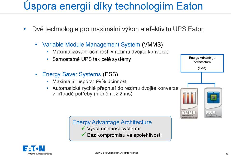 99% účinnost Automatické rychlé přepnutí do režimu dvojité konverze v případě potřeby (méně než 2 ms) Energy Advantage Architecture