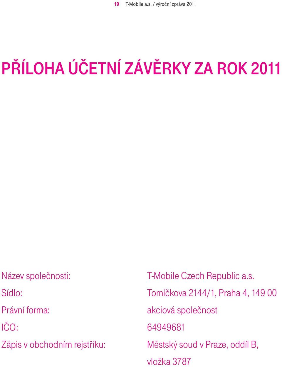 společnosti: T-Mobile Czech Republic a.s. Sídlo: Tomíčkova 2144/1,