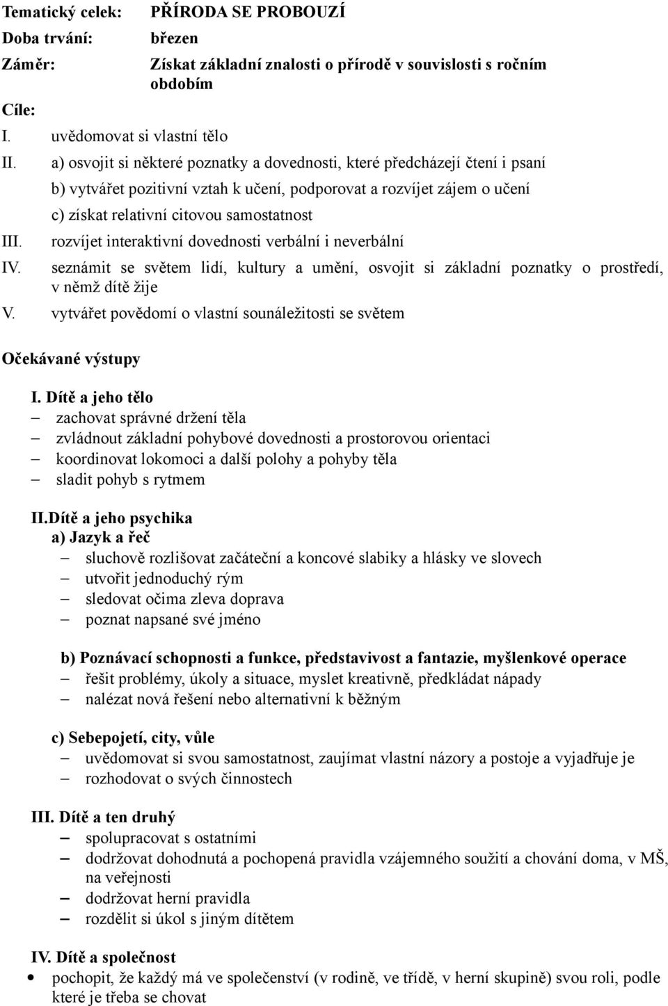 rozvíjet interaktivní dovednosti verbální i neverbální IV. seznámit se světem lidí, kultury a umění, osvojit si základní poznatky o prostředí, v němž dítě žije V.