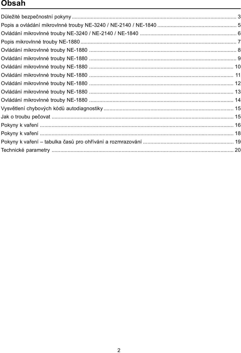 .. 10 Ovládání mikrovlnné trouby NE-1880... 11 Ovládání mikrovlnné trouby NE-1880... 12 Ovládání mikrovlnné trouby NE-1880... 13 Ovládání mikrovlnné trouby NE-1880.