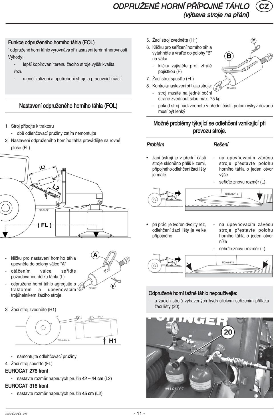 Stroj p ipojte k traktoru - obï odlehëovacì pruûiny zatìm nemontujte 2. NastavenÌ odpruûenèho hornìho t hla prov dïjte na rovnè ploöe (FL) 5. éacì stroj zvednïte (H1) F 6.