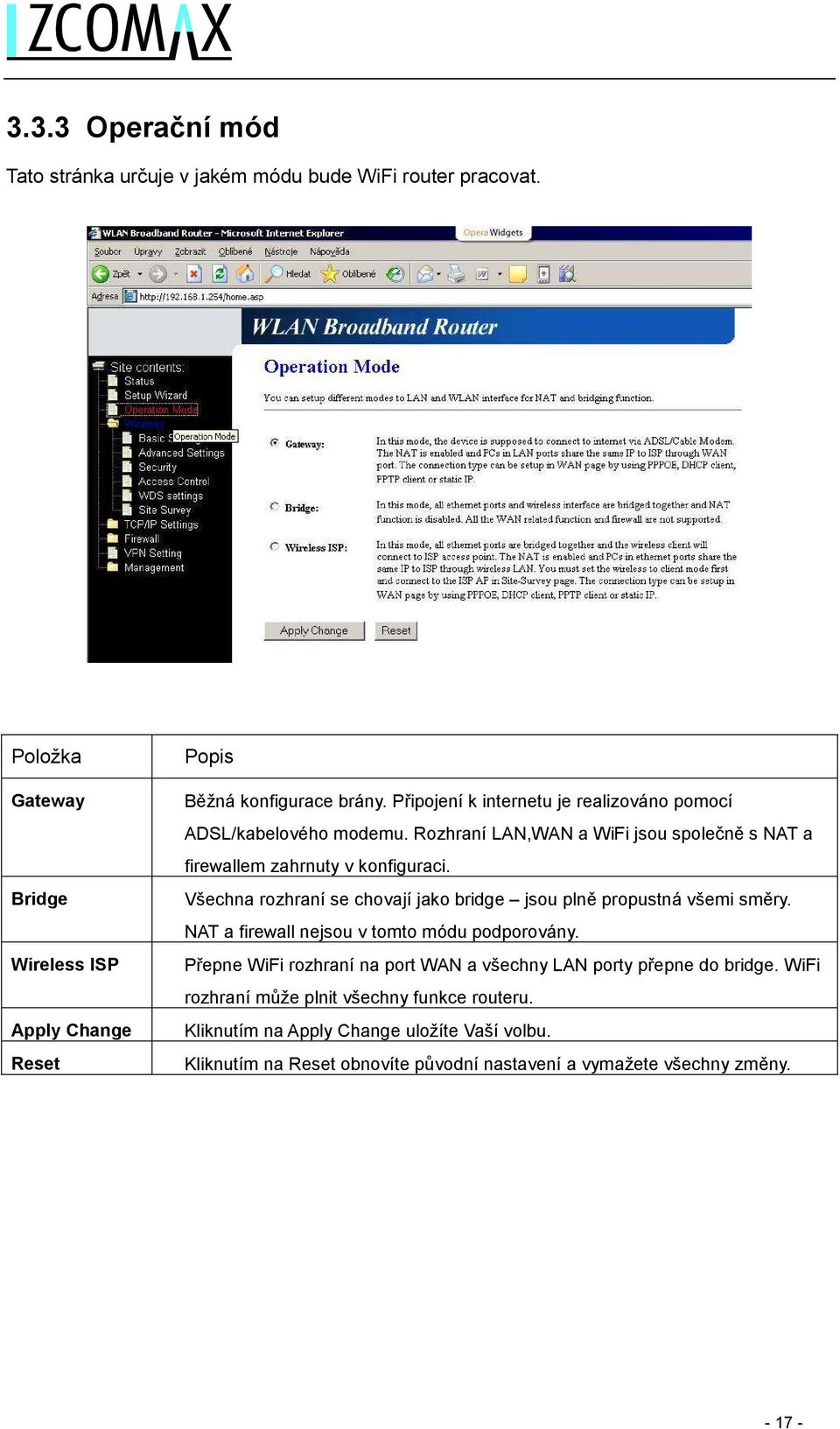 Všechna rozhraní se chovají jako bridge jsou plně propustná všemi směry. NAT a firewall nejsou v tomto módu podporovány.