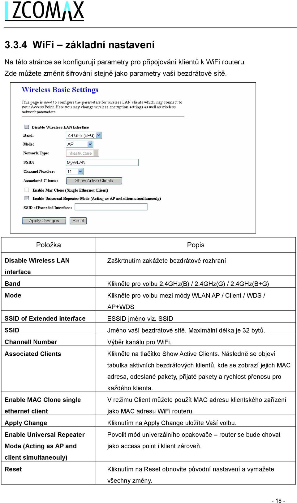 4GHz(B+G) Mode Klikněte pro volbu mezi módy WLAN AP / Client / WDS / AP+WDS SSID of Extended interface ESSID jméno viz. SSID SSID Jméno vaší bezdrátové sítě. Maximální délka je 32 bytů.