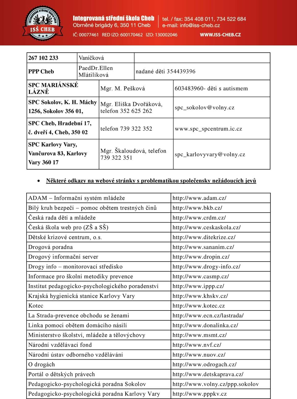 dveří 4, Cheb, 350 02 SPC Karlovy Vary, Vančurova 83, Karlovy Vary 360 17 telefon 739 322 352 Mgr. Škaloudová, telefon 739 322 351 www.spc_spcentrum.ic.cz spc_karlovyvary@volny.