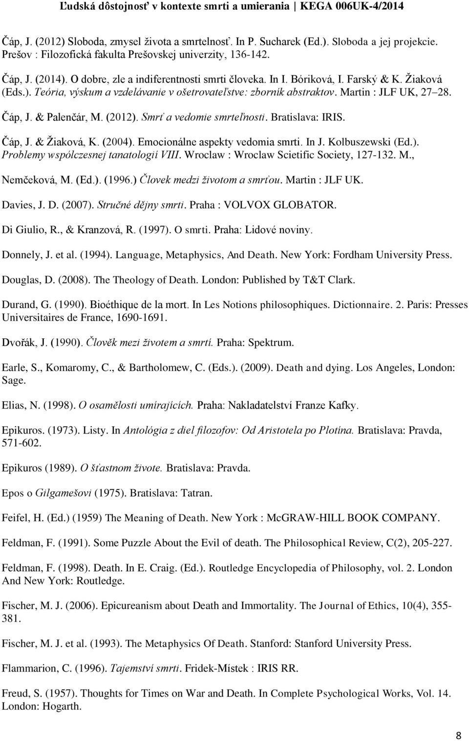 & Palenčár, M. (2012). Smrť a vedomie smrteľnosti. Bratislava: IRIS. Čáp, J. & Žiaková, K. (2004). Emocionálne aspekty vedomia smrti. In J. Kolbuszewski (Ed.). Problemy wspólczesnej tanatologií VIII.