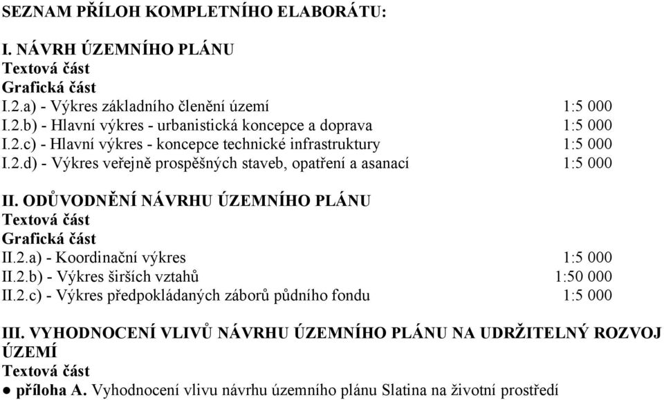 ODŮVODNĚNÍ NÁVRHU ÚZEMNÍHO PLÁNU Textová část Grafická část II.2.a) - Koordinační výkres 1:5 000 II.2.b) - Výkres širších vztahů 1:50 000 II.2.c) - Výkres předpokládaných záborů půdního fondu 1:5 000 III.