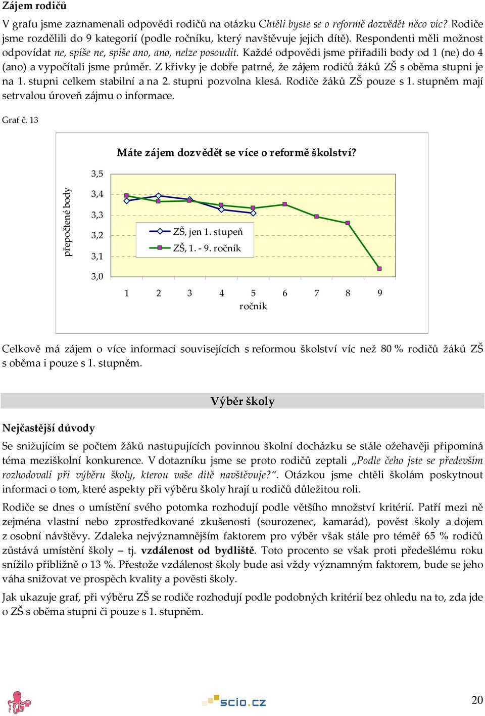 Z křivky je dobře patrné, že zájem rodičů žáků ZŠ s oběma stupni je na 1. stupni celkem stabilní a na 2. stupni pozvolna klesá. Rodiče žáků ZŠ pouze s 1.