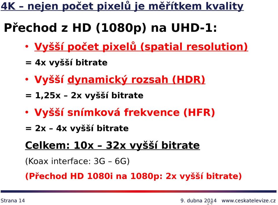 vyšší bitrate Vyšší snímková frekvence (HFR) = 2x 4x vyšší bitrate Celkem: 10x 32x