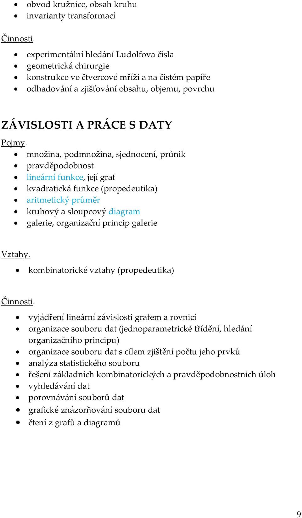 diagram galerie, organizační princip galerie kombinatorické vztahy (propedeutika) vyjádření lineární závislosti grafem a rovnicí organizace souboru dat (jednoparametrické třídění, hledání