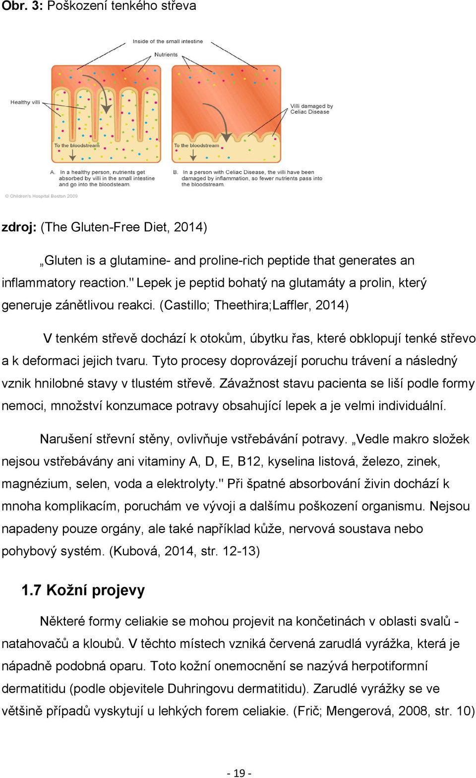 (Castillo; Theethira;Laffler, 2014) V tenkém střevě dochází k otokům, úbytku řas, které obklopují tenké střevo a k deformaci jejich tvaru.