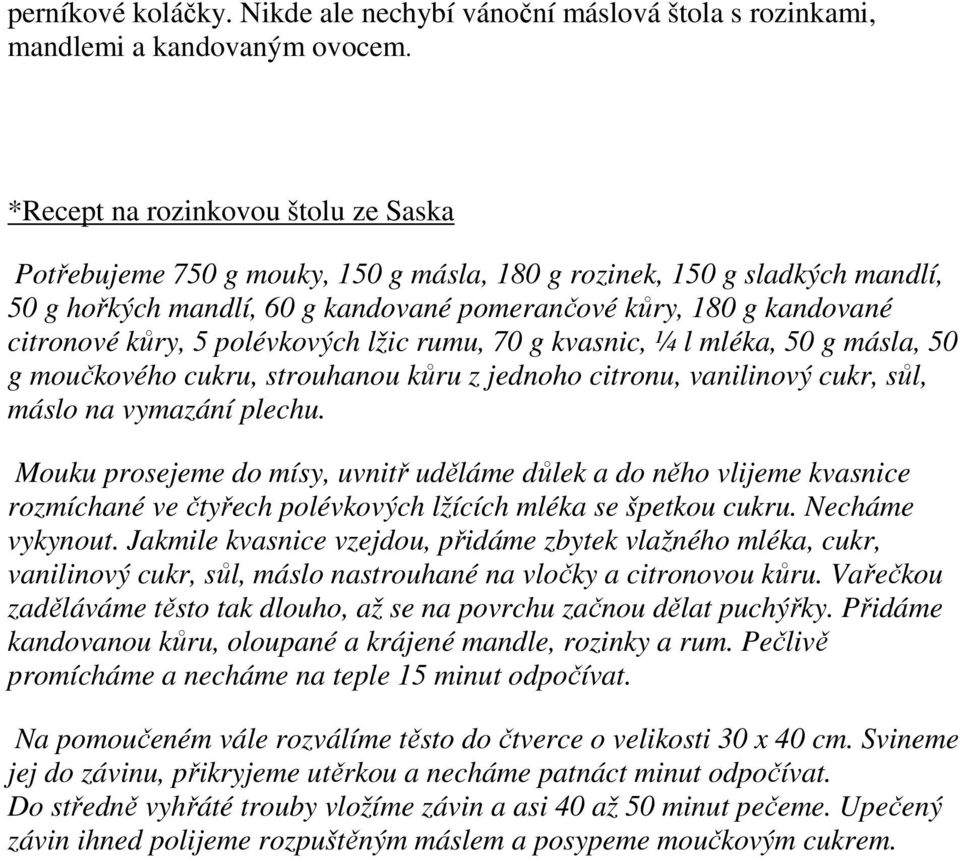 5 polévkových lžic rumu, 70 g kvasnic, ¼ l mléka, 50 g másla, 50 g moučkového cukru, strouhanou kůru z jednoho citronu, vanilinový cukr, sůl, máslo na vymazání plechu.