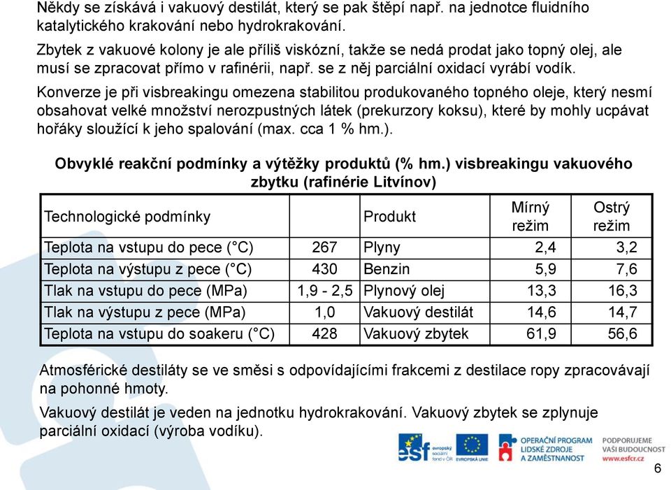 Konverze je při visbreakingu omezena stabilitou produkovaného topného e, který nesmí obsahovat velké množství nerozpustných látek (prekurzory koksu), které by mohly ucpávat hořáky sloužící k jeho