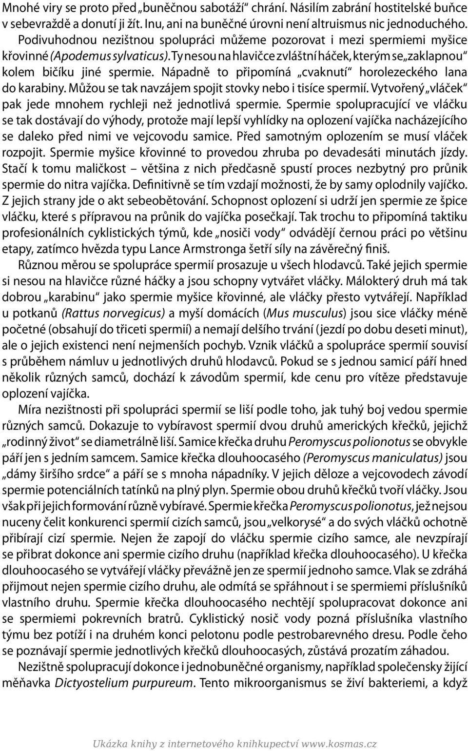 Nápadně to připomíná cvaknutí horolezeckého lana do karabiny. Můžou se tak navzájem spojit stovky nebo i tisíce spermií. Vytvořený vláček pak jede mnohem rychleji než jednotlivá spermie.