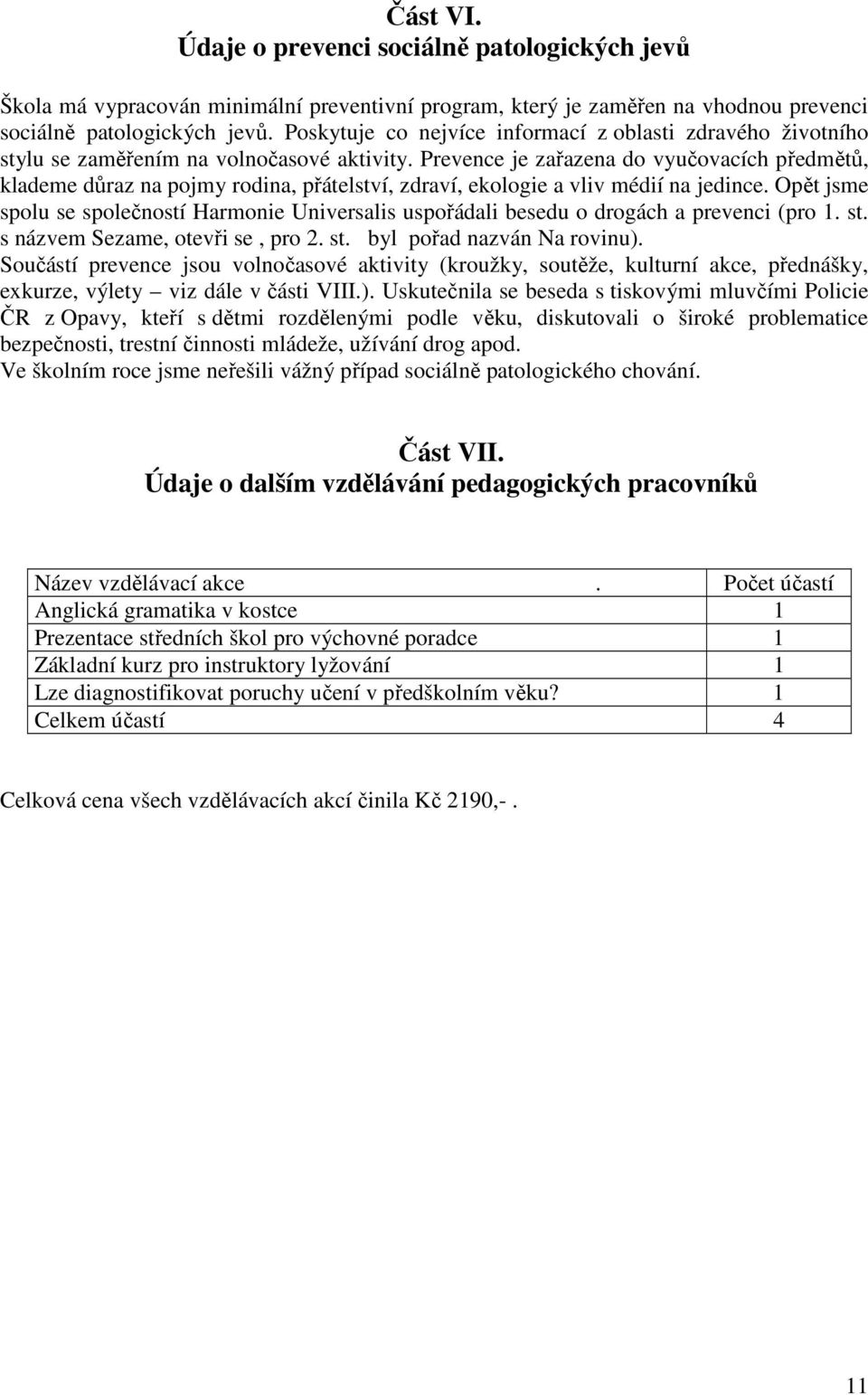 Prevence je zařazena do vyučovacích předmětů, klademe důraz na pojmy rodina, přátelství, zdraví, ekologie a vliv médií na jedince.